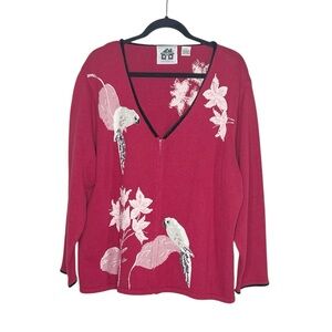 STORYBOOK KNITS 100% Cotton White Parrot Sequin Embellished Zip up Cardigan 3X